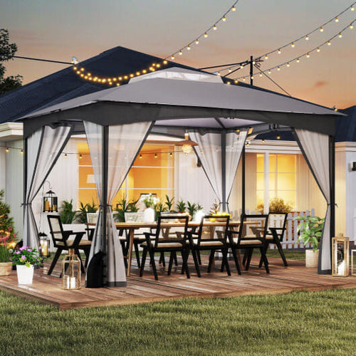 10 X 12 FT Patio Gazebo with Netting Walls with 4 Sandbags-Gray