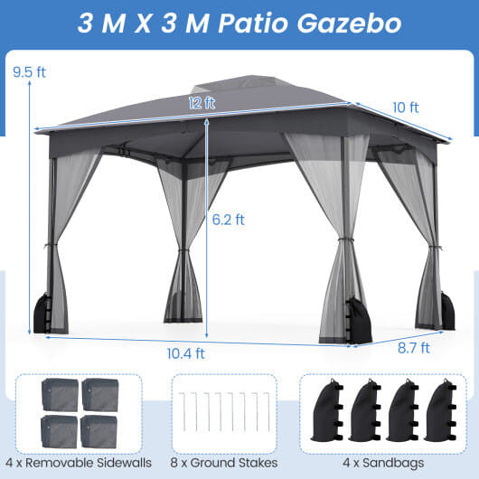 10 X 12 FT Patio Gazebo with Netting Walls with 4 Sandbags-Gray