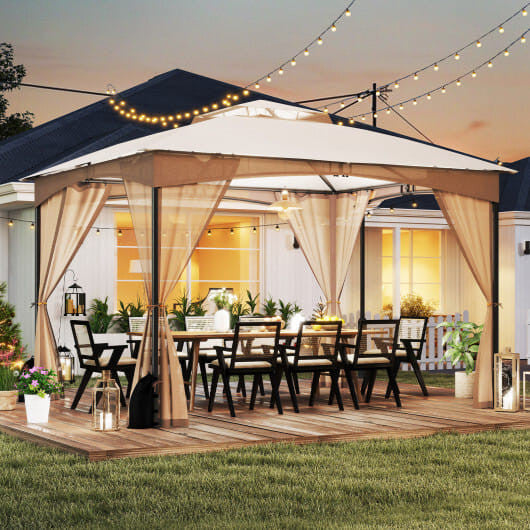 10 X 12 FT Patio Gazebo with Netting Walls with 4 Sandbags-Gray
